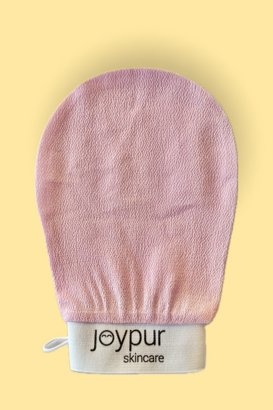 Joypur bőrápolás- Joypur skincare - rózsaszín hámlasztó kesztyű, háttérszín sárga
